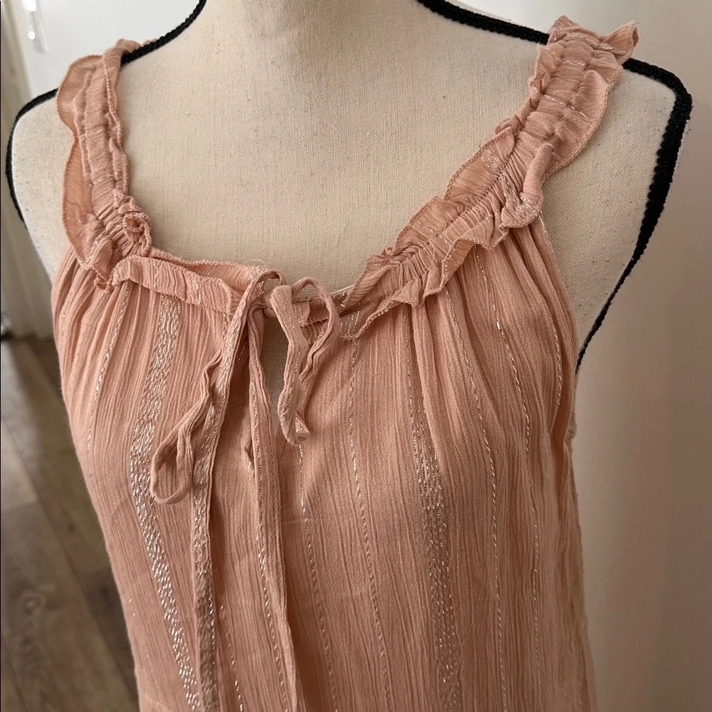 Rebellion Again Soft Pink Maxi Tiered Dress Small Gold Pinstripes - Picture 2 of 5
